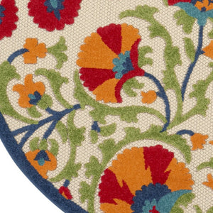 HomeRoots 5' Round Floral Area Rug in Navy, Beige, Green, Blue & Red – Indoor/Outdoor, Durable & Easy Care 546785