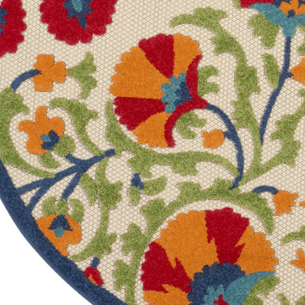 HomeRoots 5' Round Floral Area Rug in Navy, Beige, Green, Blue & Red – Indoor/Outdoor, Durable & Easy Care 546785