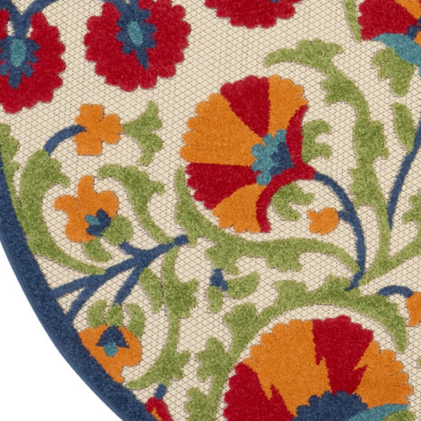 HomeRoots 5' Round Floral Area Rug in Navy, Beige, Green, Blue & Red – Indoor/Outdoor, Durable & Easy Care 546785