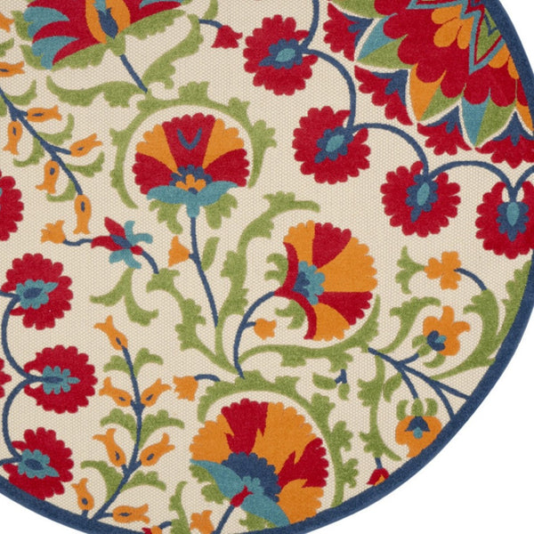 HomeRoots 8' Round Floral Area Rug in Navy Blue, Beige, Green, Blue & Red for Indoor and Outdoor Elegance 546786