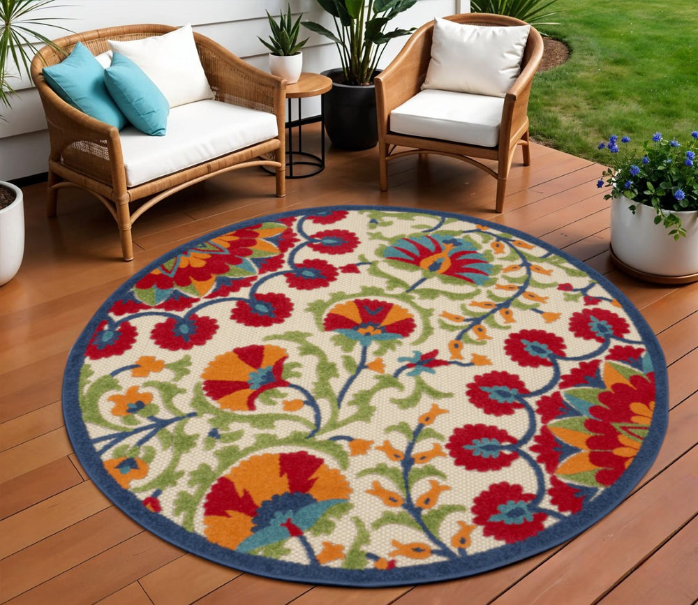 HomeRoots 8' Round Floral Area Rug in Navy Blue, Beige, Green, Blue & Red for Indoor and Outdoor Elegance 546786