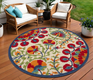 HomeRoots 8' Round Floral Area Rug in Navy Blue, Beige, Green, Blue & Red for Indoor and Outdoor Elegance 546786