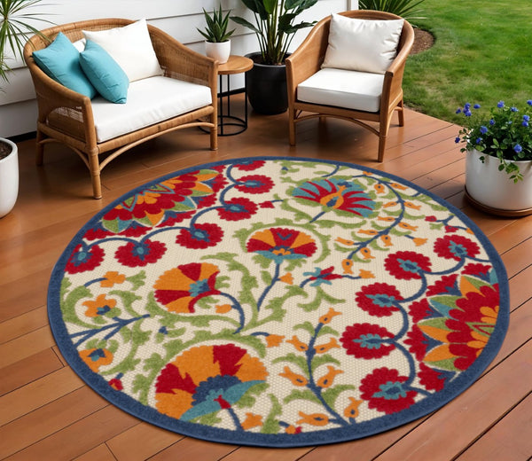 HomeRoots 8' Round Floral Area Rug in Navy Blue, Beige, Green, Blue & Red for Indoor and Outdoor Elegance 546786