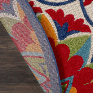 HomeRoots 8' Round Floral Area Rug in Navy Blue, Beige, Green, Blue & Red for Indoor and Outdoor Elegance 546786