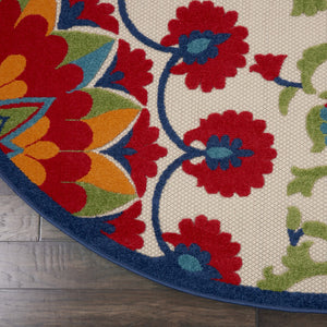 HomeRoots 8' Round Floral Area Rug in Navy Blue, Beige, Green, Blue & Red for Indoor and Outdoor Elegance 546786