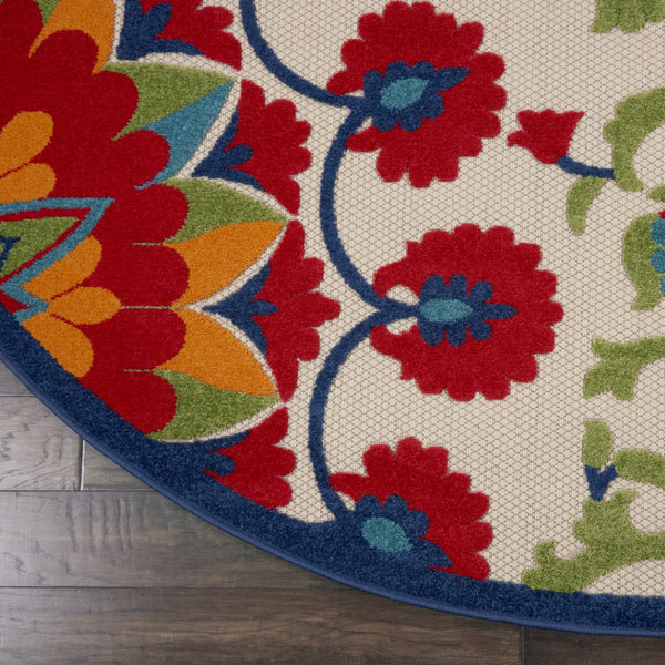 HomeRoots 8' Round Floral Area Rug in Navy Blue, Beige, Green, Blue & Red for Indoor and Outdoor Elegance 546786