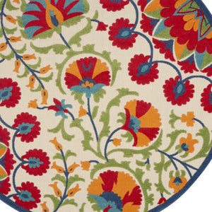 HomeRoots 8' Round Floral Area Rug in Navy Blue, Beige, Green, Blue & Red for Indoor and Outdoor Elegance 546786