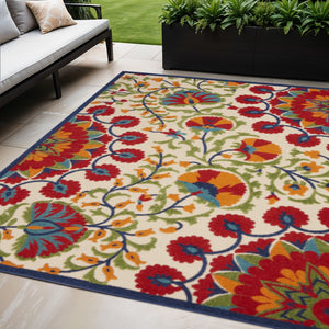HomeRoots 5' Floral Indoor/Outdoor Area Rug in Navy Blue & Red – Durable, Easy-Clean, Versatile Décor Solution! 546788