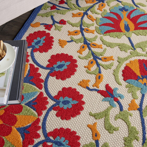 HomeRoots 5' Floral Indoor/Outdoor Area Rug in Navy Blue & Red – Durable, Easy-Clean, Versatile Décor Solution! 546788