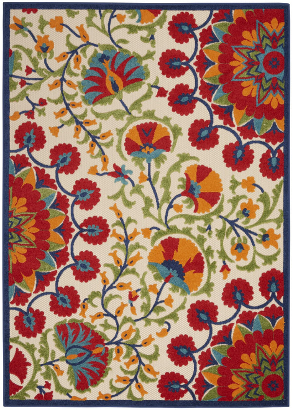 HomeRoots 5' Floral Indoor/Outdoor Area Rug in Navy Blue & Red – Durable, Easy-Clean, Versatile Décor Solution! 546788