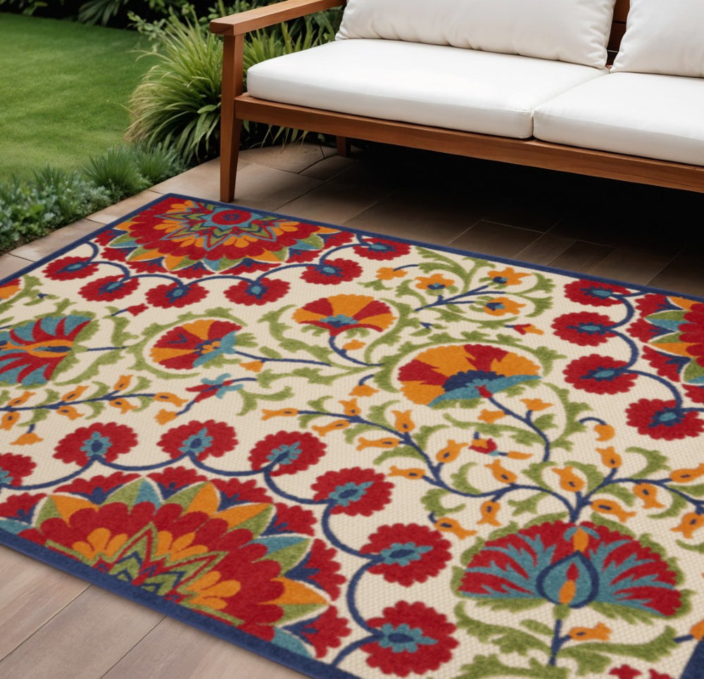 HomeRoots 8' Indoor Outdoor Floral Area Rug in Navy, Beige, Green, Blue & Red - Durable, Easy-Care Design! 546789