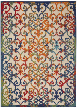 HomeRoots 5' Trellis Indoor Outdoor Area Rug in Ivory, Blue, Orange & Green - Durable & Easy to Clean! 546792