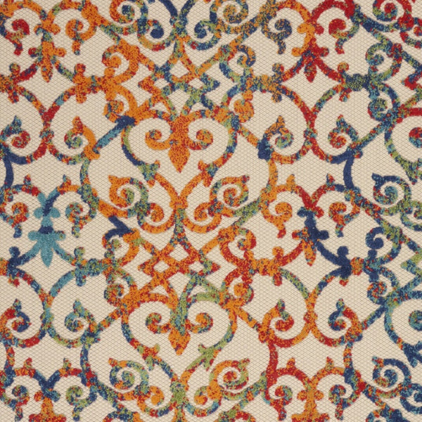 HomeRoots 5' Trellis Indoor Outdoor Area Rug in Ivory, Blue, Orange & Green - Durable & Easy to Clean! 546792