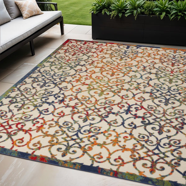 HomeRoots 5' Trellis Indoor Outdoor Area Rug in Ivory, Blue, Orange & Green - Durable & Easy to Clean! 546792