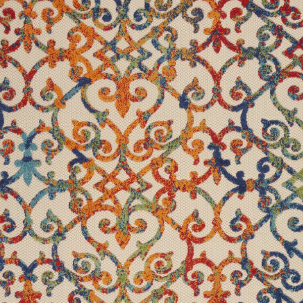 HomeRoots 5' Trellis Indoor Outdoor Area Rug in Ivory, Blue, Orange & Green - Durable & Easy to Clean! 546792