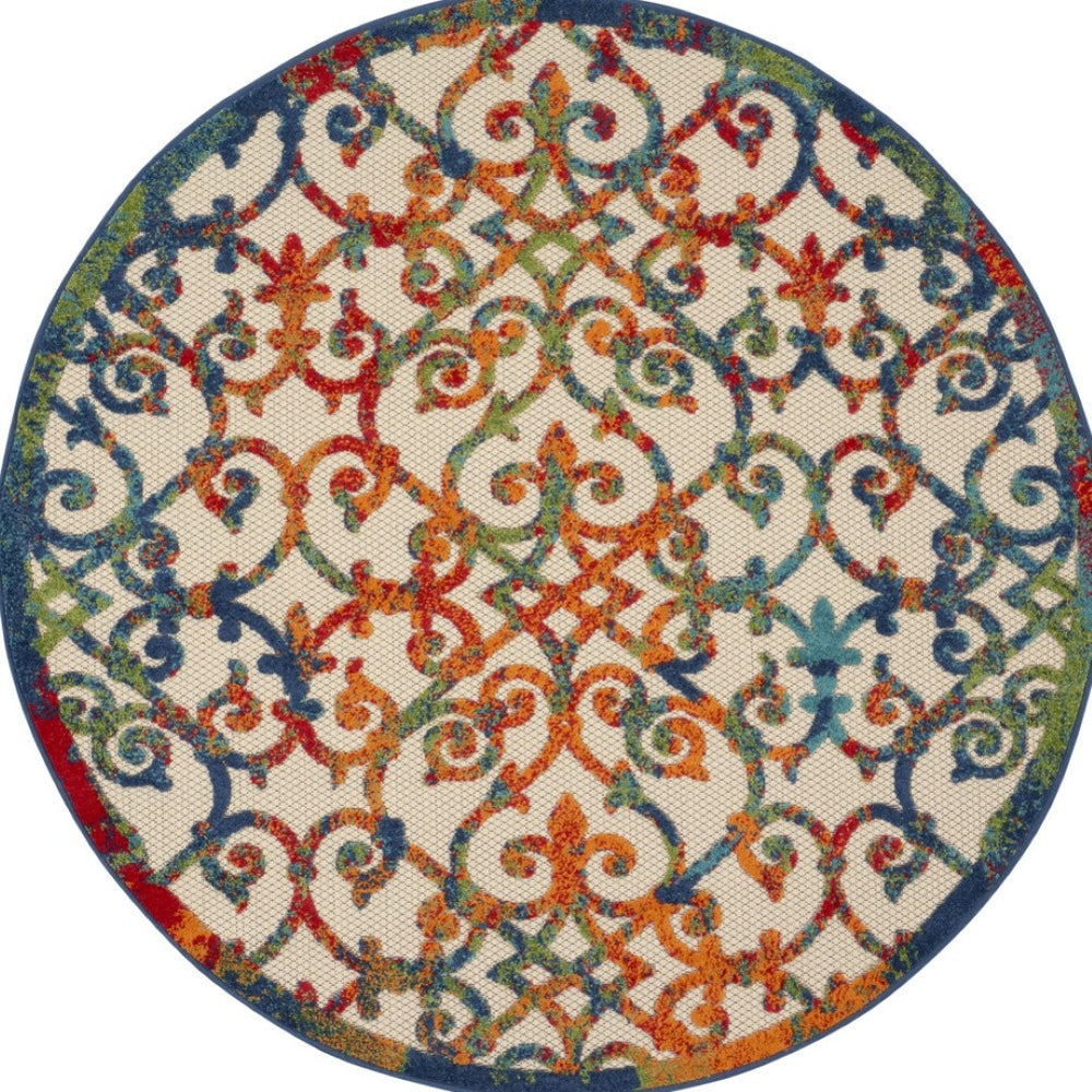 HomeRoots 5' Colorful Trellis Indoor Outdoor Area Rug in Ivory, Blue, Orange & Green – Durable & Stylish 546798
