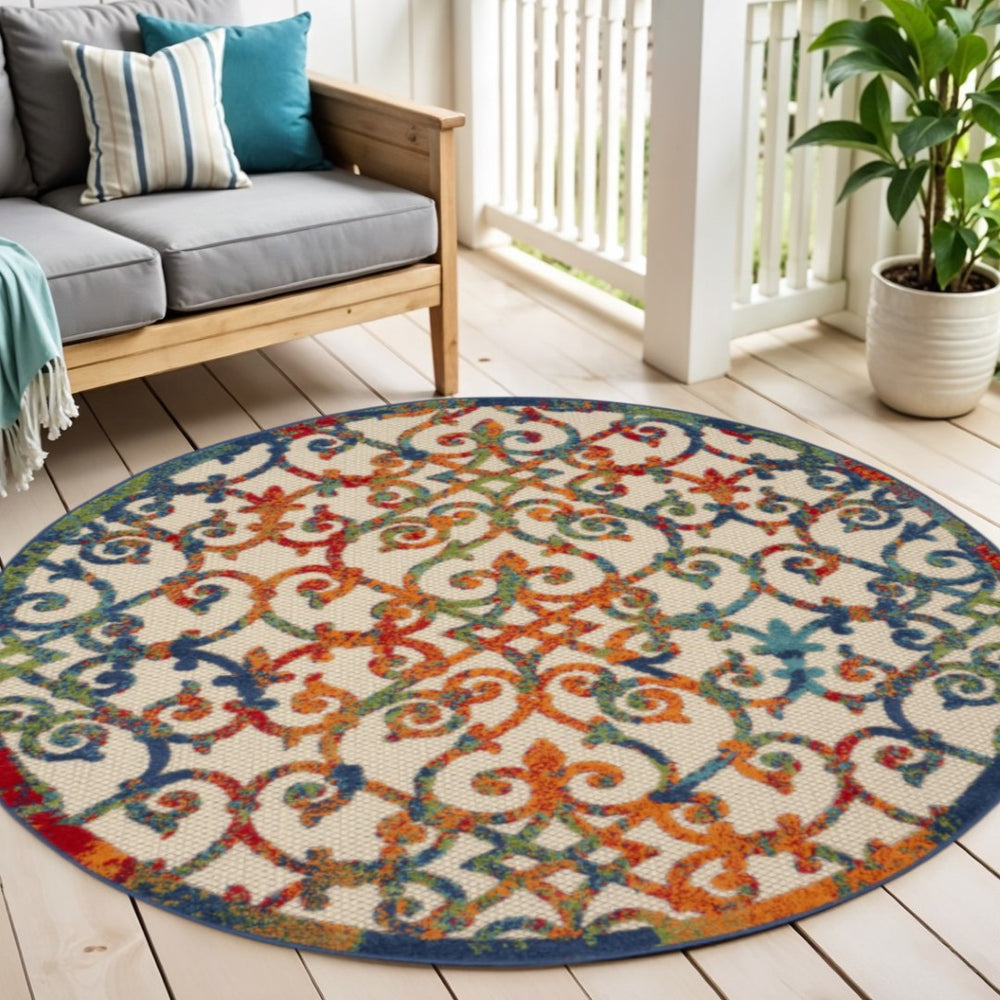 HomeRoots 5' Colorful Trellis Indoor Outdoor Area Rug in Ivory, Blue, Orange & Green – Durable & Stylish 546798