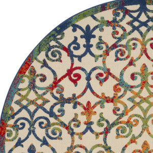 HomeRoots 8' Round Trellis Area Rug in Ivory, Blue, Orange & Green - Perfect for Indoor/Outdoor Spaces! 546799