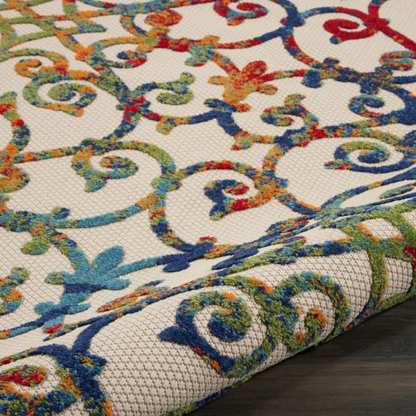 HomeRoots 8' Round Trellis Area Rug in Ivory, Blue, Orange & Green - Perfect for Indoor/Outdoor Spaces! 546799
