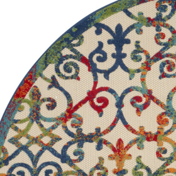 HomeRoots 8' Round Trellis Area Rug in Ivory, Blue, Orange & Green - Perfect for Indoor/Outdoor Spaces! 546799
