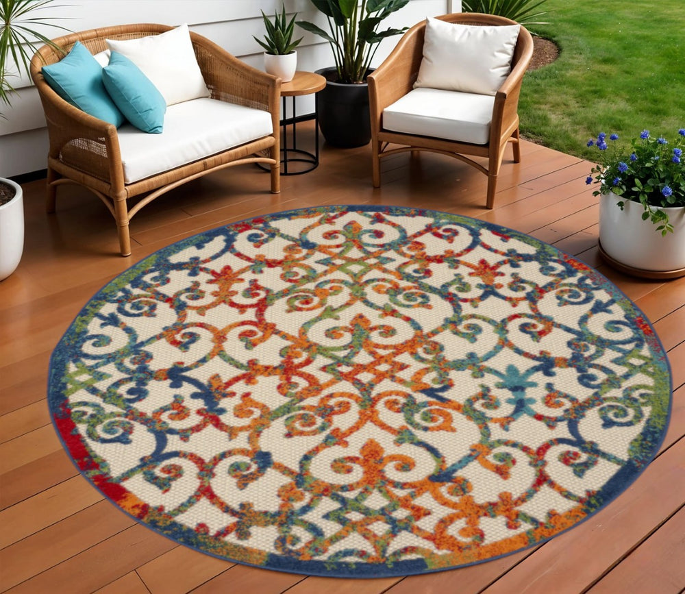 HomeRoots 8' Round Trellis Area Rug in Ivory, Blue, Orange & Green - Perfect for Indoor/Outdoor Spaces! 546799