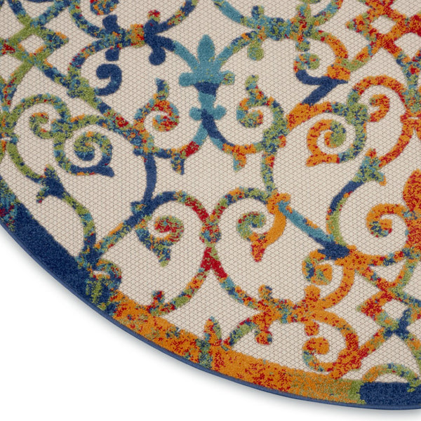 HomeRoots 8' Round Trellis Area Rug in Ivory, Blue, Orange & Green - Perfect for Indoor/Outdoor Spaces! 546799
