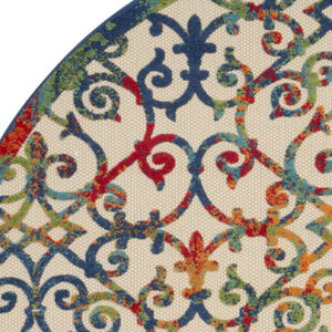 HomeRoots 8' Round Trellis Area Rug in Ivory, Blue, Orange & Green - Perfect for Indoor/Outdoor Spaces! 546799