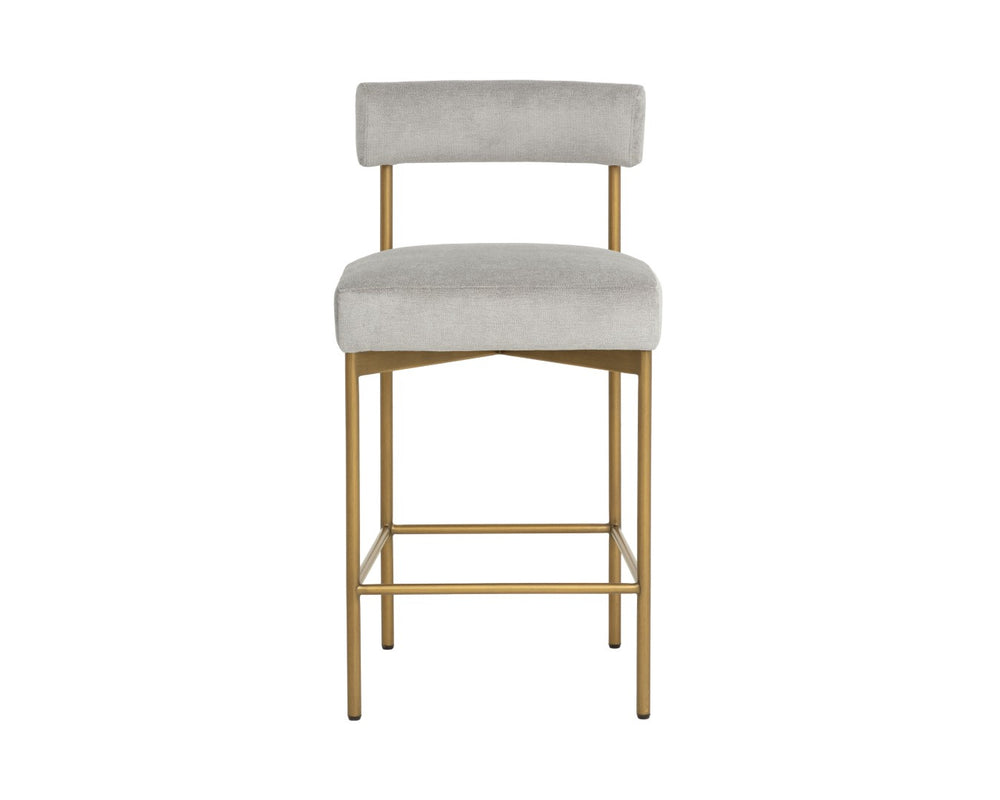 Sunpan SENECA Counter Stool - Elegant Open-Back Design in Antique Brass & Polo Club Stone Upholstery 112338