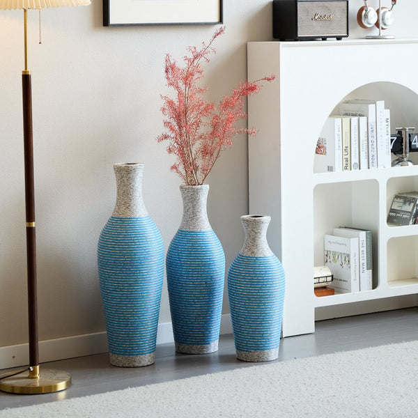 English Elm Desktop PVC Vase Set of 3 Decorative Tall Floor and Table Vases—Modern Durable Artful Accents for Home White+Blue W2796P261477