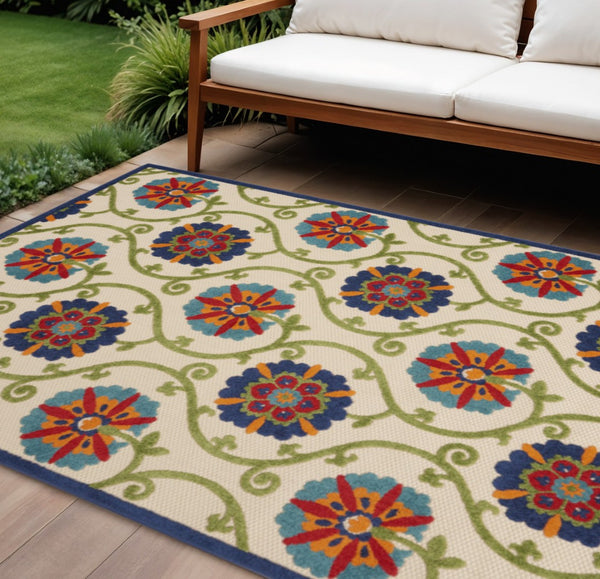 HomeRoots 6' Navy Blue Floral Area Rug - Durable, Water-Resistant, Indoor/Outdoor Design for High-Traffic Spaces 546802