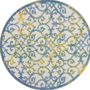 HomeRoots 5' Indoor Outdoor Trellis Area Rug in Ivory, Blue, and Yellow - Durable, Stylish & Easy to Clean 5' Round 546805