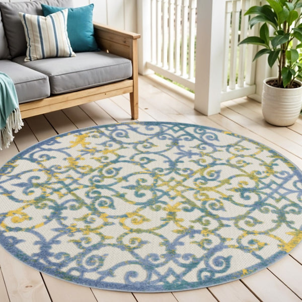 HomeRoots 5' Indoor Outdoor Trellis Area Rug in Ivory, Blue, and Yellow - Durable, Stylish & Easy to Clean 5' Round 546805