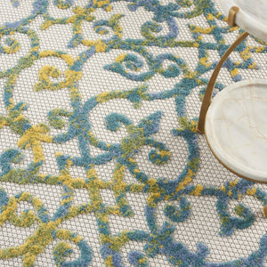 HomeRoots 5' Indoor Outdoor Trellis Area Rug in Ivory, Blue, and Yellow - Durable, Stylish & Easy to Clean 5' Round 546805