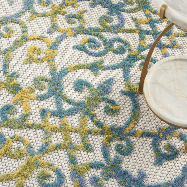 HomeRoots 5' Indoor Outdoor Trellis Area Rug in Ivory, Blue, and Yellow - Durable, Stylish & Easy to Clean 5' Round 546805