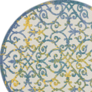 HomeRoots 5' Indoor Outdoor Trellis Area Rug in Ivory, Blue, and Yellow - Durable, Stylish & Easy to Clean 5' Round 546805
