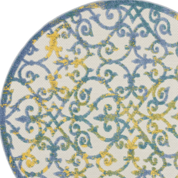 HomeRoots 5' Indoor Outdoor Trellis Area Rug in Ivory, Blue, and Yellow - Durable, Stylish & Easy to Clean 5' Round 546805