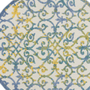 HomeRoots 5' Indoor Outdoor Trellis Area Rug in Ivory, Blue, and Yellow - Durable, Stylish & Easy to Clean 5' Round 546805