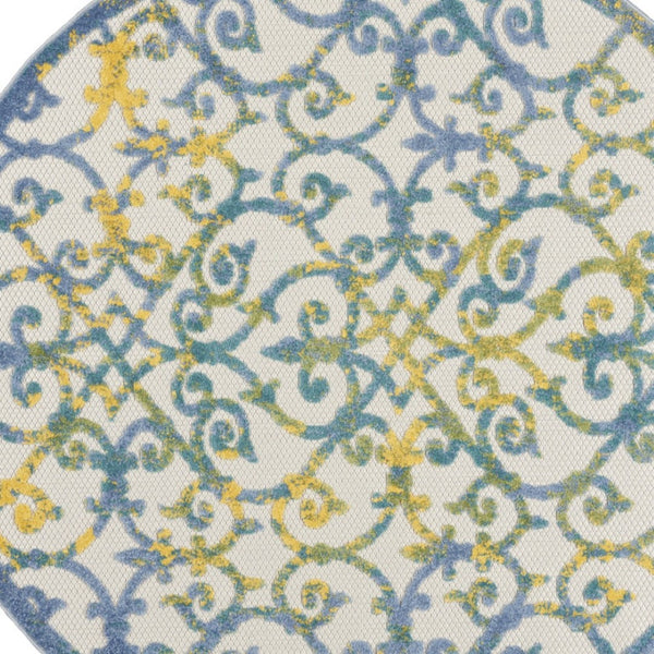 HomeRoots 5' Indoor Outdoor Trellis Area Rug in Ivory, Blue, and Yellow - Durable, Stylish & Easy to Clean 5' Round 546805
