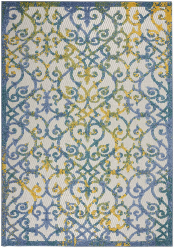 HomeRoots 5' Indoor Outdoor Trellis Area Rug in Ivory, Blue, and Yellow - Durable, Stylish & Easy to Clean 6' X 9' 546806
