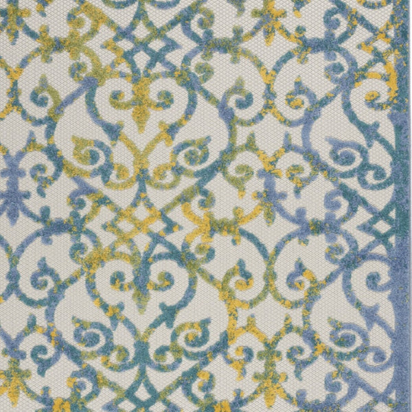 HomeRoots 5' Indoor Outdoor Trellis Area Rug in Ivory, Blue, and Yellow - Durable, Stylish & Easy to Clean 6' X 9' 546806