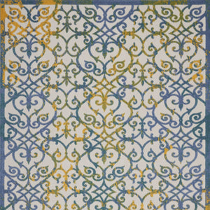 HomeRoots 5' Indoor Outdoor Trellis Area Rug in Ivory, Blue, and Yellow - Durable, Stylish & Easy to Clean 7' X 10' 546807