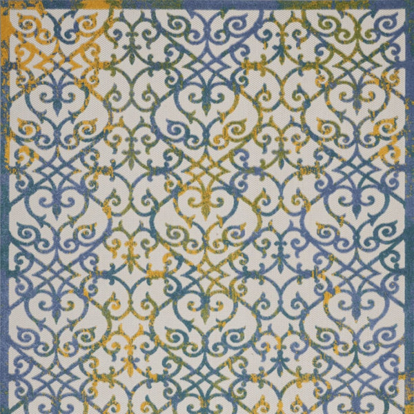 HomeRoots 5' Indoor Outdoor Trellis Area Rug in Ivory, Blue, and Yellow - Durable, Stylish & Easy to Clean 7' X 10' 546807