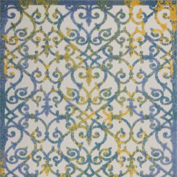 HomeRoots 5' Indoor Outdoor Trellis Area Rug in Ivory, Blue, and Yellow - Durable, Stylish & Easy to Clean 5' X 8' 546809