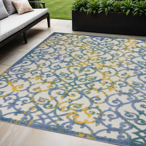 HomeRoots 5' Indoor Outdoor Trellis Area Rug in Ivory, Blue, and Yellow - Durable, Stylish & Easy to Clean 5' X 8' 546809