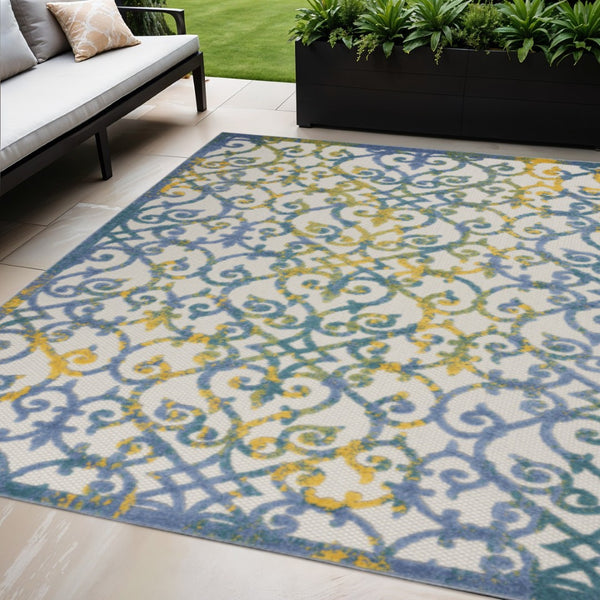 HomeRoots 5' Indoor Outdoor Trellis Area Rug in Ivory, Blue, and Yellow - Durable, Stylish & Easy to Clean 5' X 8' 546809