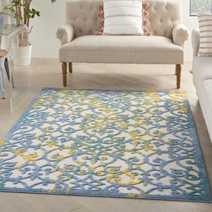 HomeRoots 5' Indoor Outdoor Trellis Area Rug in Ivory, Blue, and Yellow - Durable, Stylish & Easy to Clean 5' X 8' 546809