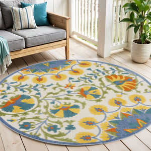 HomeRoots 5' Vibrant Round Floral Area Rug for Indoor/Outdoor Spaces - Durable, Easy-Clean, Stylish Design 5' X 5' 546812
