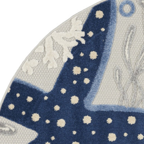 HomeRoots 5' Stylish Navy Blue & Gray Round Starfish Area Rug - Durable Indoor/Outdoor Design for High Traffic 546819