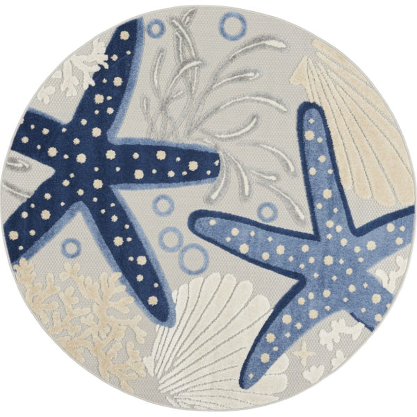 HomeRoots 5' Stylish Navy Blue & Gray Round Starfish Area Rug - Durable Indoor/Outdoor Design for High Traffic 546819