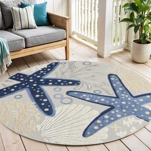 HomeRoots 5' Stylish Navy Blue & Gray Round Starfish Area Rug - Durable Indoor/Outdoor Design for High Traffic 546819